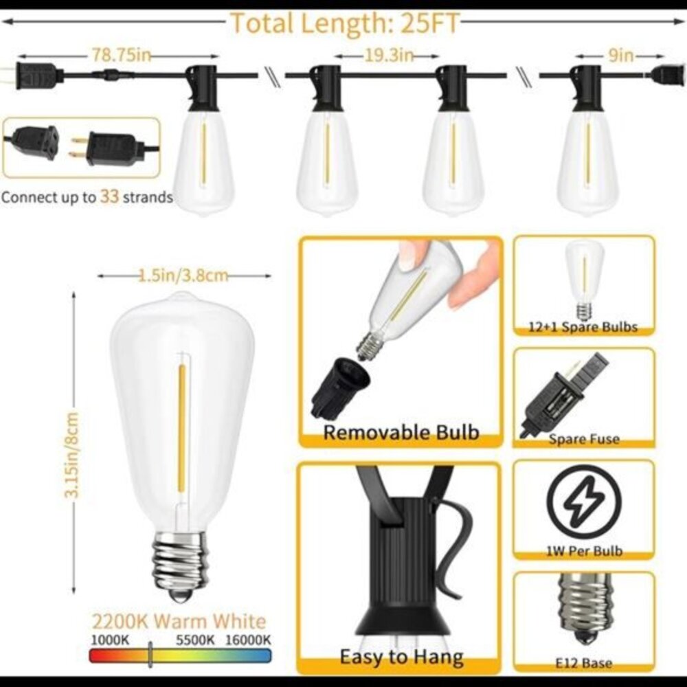 Outdoor String Lights 25FT, Patio Lights with 13 pcs Shatterproof Dimmable Bulbs - Picture 2 of 7